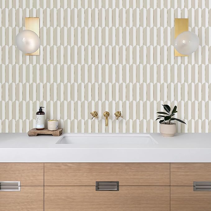 Vamos Tile Peel and Stick Backsplash Seamless Tile for Kitchen,White and Essaouira Taupe PVC Mixed Light Gold Self Adhesive Fish Scale Metal Mosaic Tiles (10 Sheets)