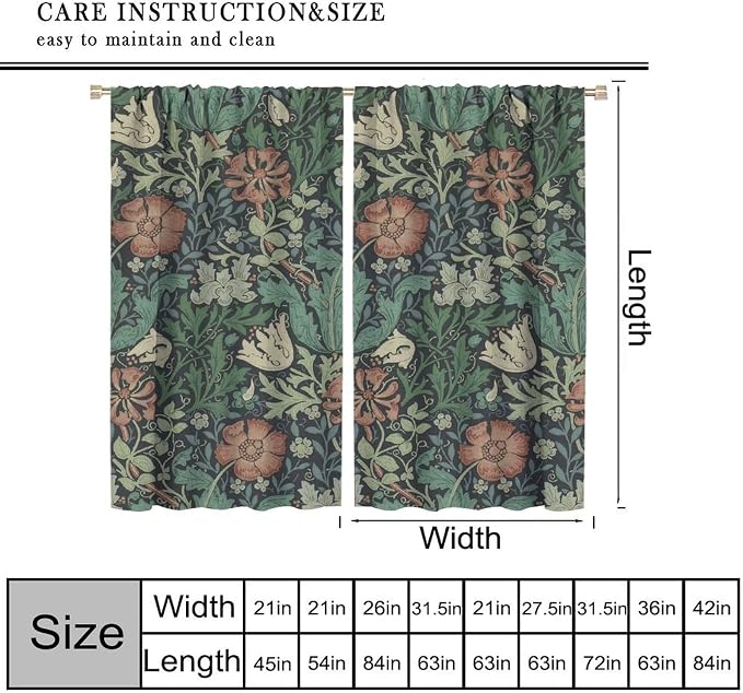 William Morris Flower Blackout Window Curtains, Bohemia Floral Vintage Window Drapes, for Living Room Bedroom 21(W)*45(L) 2 Panels