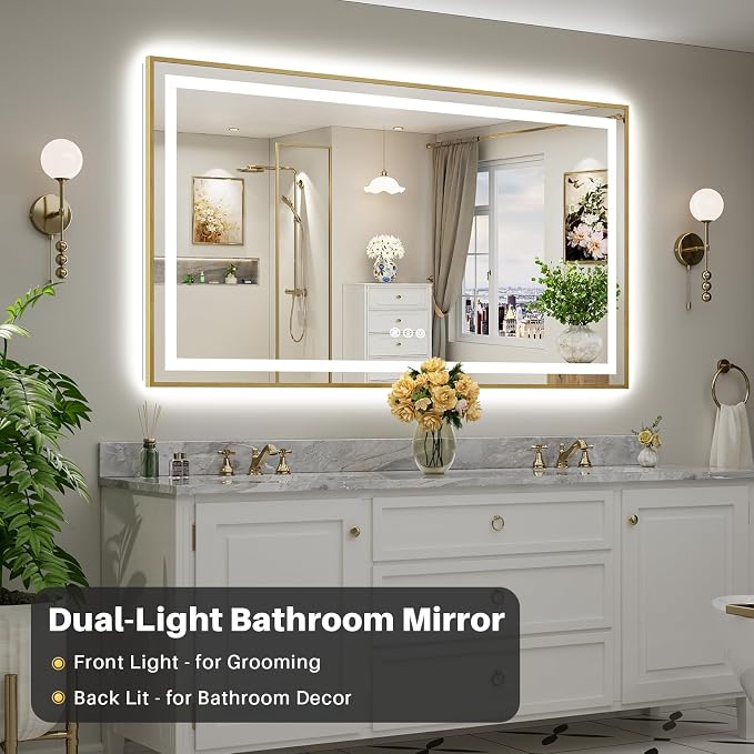 72x40 Inch LED Bathroom Mirror with Gold Frame, Backlit & Front Lit, Anti-Fog Lighted Bathroom Vanity Mirror for Wall, Memory Function, Dimmable, HD Tempered Glass, Shatter-Proof