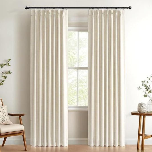 100% Blackout Shield Linen Look Textured Pinch Pleated Curtains Blackout Drapes 84 Inch Long 2 Panels Set, Faux Linen Blackout Curtains for Bedroom & Living Room, 40" W x 84" L, Cream Beige