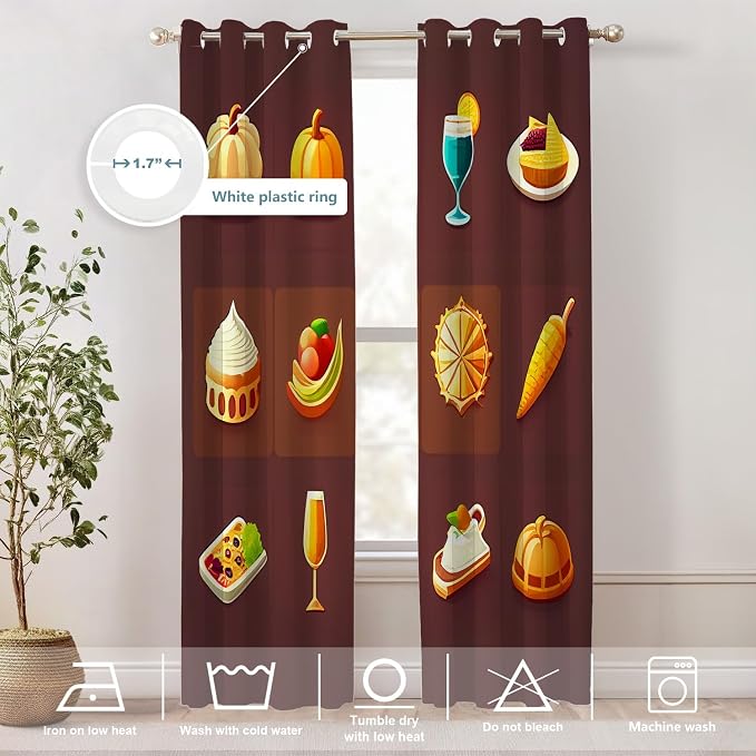 Shrahala Happy Thanksgiving Day Thermal Insulated Blackout Window Curtains, Pumpkin Turkey Bird Leaves Long Drapes for Bedroom/Living Room with Plastic Grommet, 52X84 Set of 2