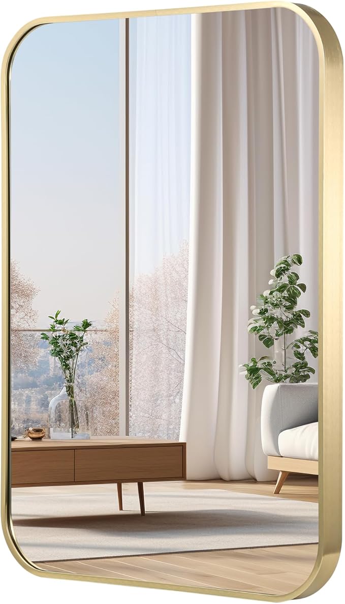30x36 Inch Gold Bathroom Mirror, Brushed Brass Gold Metal Framed Rectangular Mirror with Rounded Corner, Bathroom Vanity Mirror for Bedroom or Living Room, Horizontal/Vertical