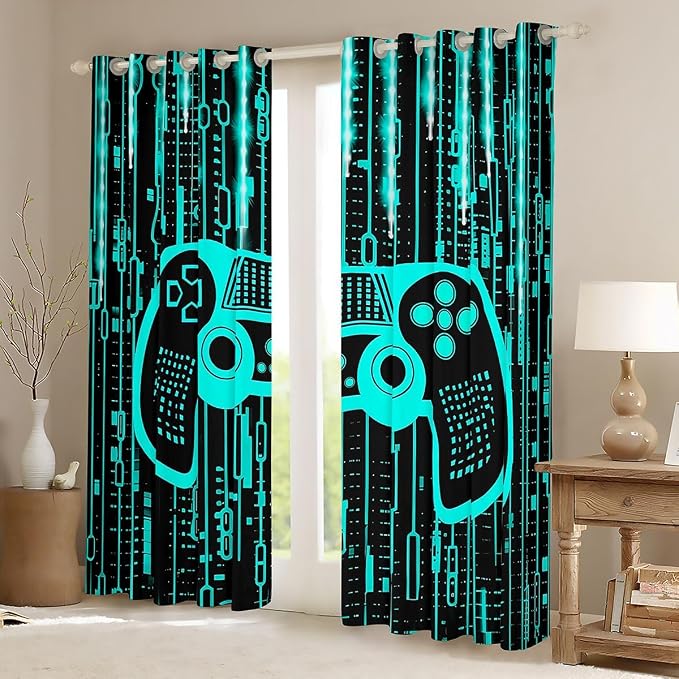 Feelyou Kids Boys Blue Gamer Window Curtains Gamer Darkening Drapes Light 3D Gaming Blackout Curtains Toddler Game Room Window Treatments Gamepad (2 Panels, 52 x 63 Inch)