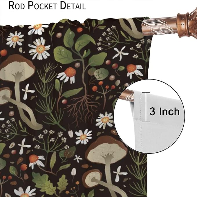 Mushroom Curtains,Green Plant Forest Botanical Print Window Treatments for Bedroom Living Room Kitchen Cartoon Herbs Floral Window Drapes 2 Panels Set,Total Size 72 x 63 Inch