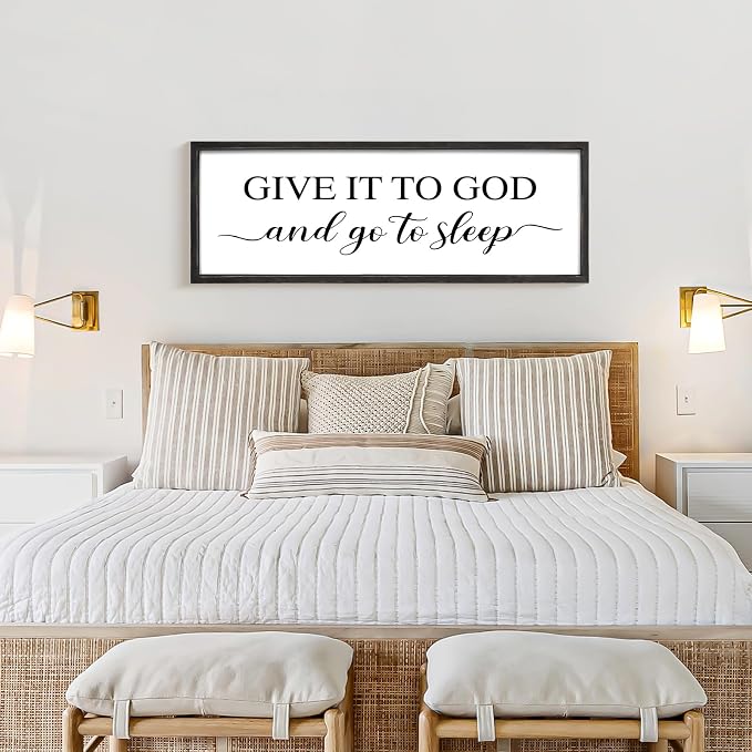 Give It to God and Go to Sleep Sign 42''×15'' Large Above Bed Wall Decor Farmhouse Bedroom Decor Wood Framed Guest Room Decor Wall Art Rustic Master Bedroom Wall Decoration (Black)