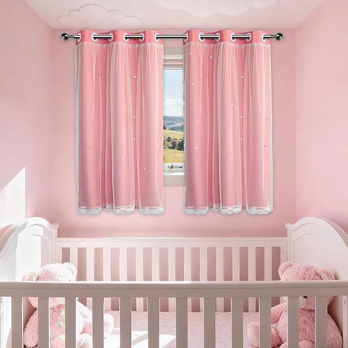 Pink Curtains Cute Blackout Curtains for Girls Room 54 Inches Short 2 Panels Star Cutout Nursery Curtains & Drapes Double Layer with Lace Bedroom Decor Window Treatments 54 Inch Length