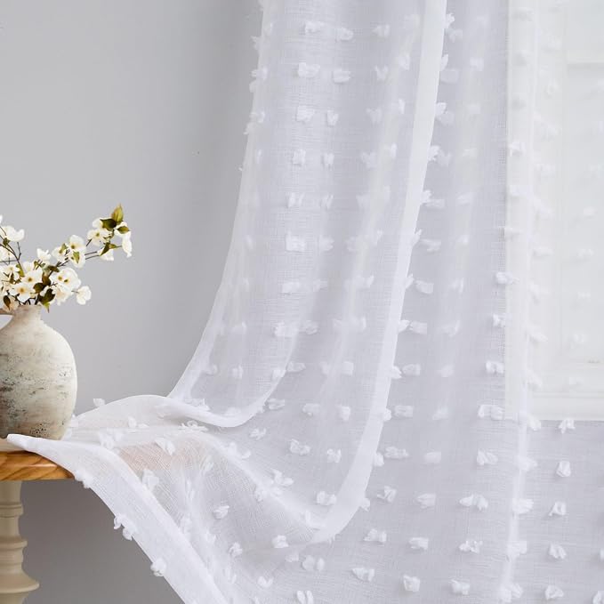 White Sheer Curtains for Bedroom Living Room Nursery 102 Inches Long White Pom Pom Tufted Windows Drape Pretty Beautiful Chic Style Farmhouse Boho Semi Sheer Curtain Back Tab 2 Panels 102 Inch Length