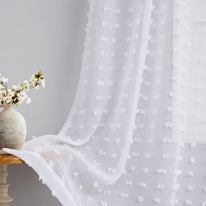 Pom Pom Sheer White Curtains 108 Inches Length White Semi Sheer 2 Panels Farmhouse Boho Pattern Design Voile Draperies Floor to Ceiling Curtains for Living Room Bedroom Back Tab Extra Long 108 Inch