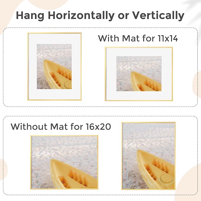 FLYJOE 16x20 Metal Picture Frame For Wall With Mat For 11x14, 16''x20'' Aluminum Photo Frames With Tempered Glass For Home Decor, Minimalist Modern Poster Frame Horizontally Vertically Set of 3, Gold
