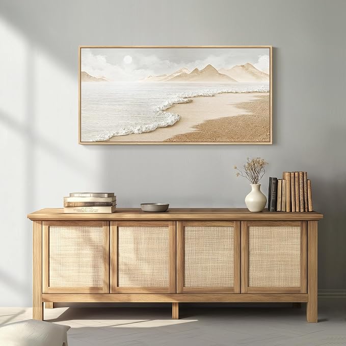 Framed Boho Coastal Beach Wall Art for Living Room, Extra Large Neutral Ocean Canvas Artworks for Walls, Horizontal Abstract Minimalist Coastal Art Print for Bedroom Kitchen Office Walls, 30x60 Inch
