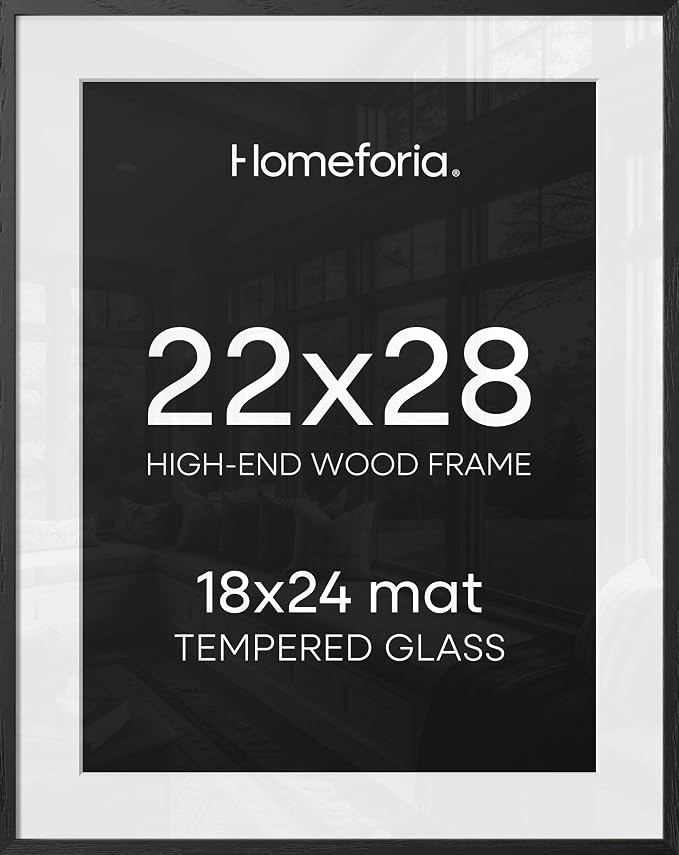 Homeforia 22x28 Poster Frame Black, High End Oak Wooden Picture Frame 22x28 with Mat 18x24, Tempered Glass, Wall Hook Included, Set of 1
