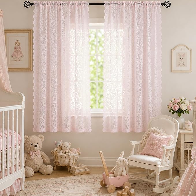 ALIGOGO Pink Lace Curtains 63 Inch Length for Girls Bedroom Nursery | Romantic Coquette, Vintage Floral, Semi-Sheer, Light Filtering, Aesthetic Elegant Decor, 52W x 63L Inch, 2 Panels