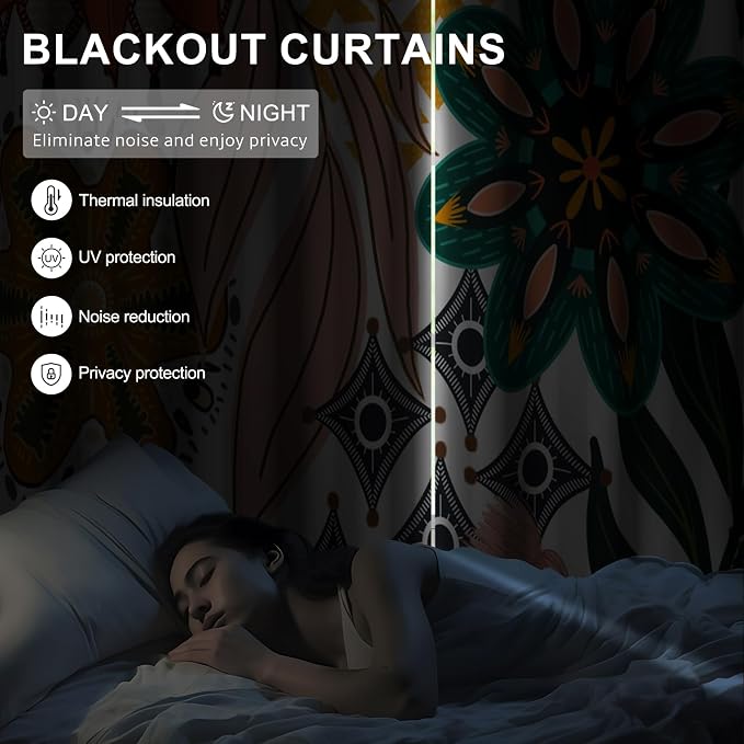 Boho Blackout Curtains for Bedroom Living Room, Vintage Floral Black Out Curtains 84 Inch Length 2 Panels Set with Curtain Tiebacks, Thermal Insulated Soundproof Grommet Darkening Drapes for Spring