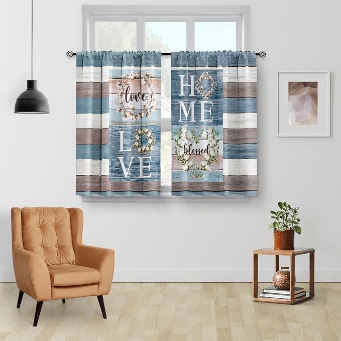 Aimego Teal Flowers Kitchen Curtains - Rustic Wood Cafe Farmhouse Small Short Window Curtains for Bathroom Living RV Room Rod Pocket Window Drapes 45 Inch Length 2 Panels Set 28"x45"