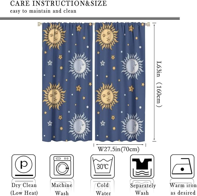 Vintage Sun Moon Bohemian Blackout Window Curtains, Retro Boho Style Print Rod Pocket Window Drapes, for Living Room Bedroom 55x63in 2 Panels