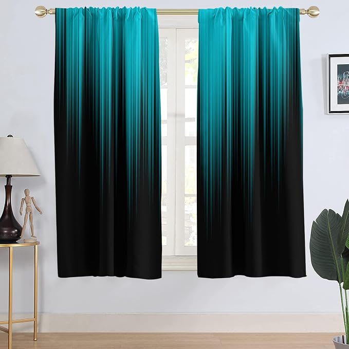 AAtter Teal and Black Window Curtains, Ombre Wide 52" W x 63" L, 2 Panels | Turquoise Modern Rod Pocket Drapes, Abstract Striped Style, Dark Aqua Design, Anime Living Dining Room Decor for Men