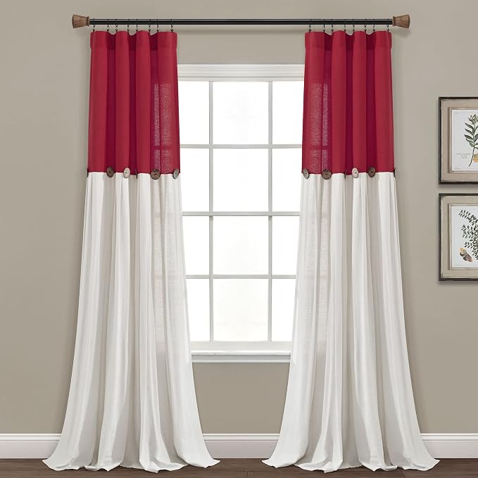 Lush Decor Linen Button Window Curtain Panel, Single, 40" W x 84" L, Red & Off White - Country Curtains - Rustic Decor - Color Block Modern Farmhouse Curtains For Living Room, Bedroom & Dining Room