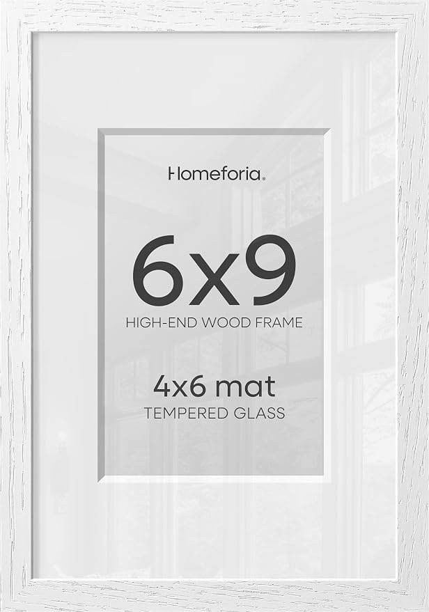 Homeforia 6x9 Picture Frame White, High End Oak 9x6 Wooden Frames with Mat 4x6 Print, 6 x 9 White Wood Frame Matted to 4 x 6 inch Photo, 6by9 Wall or Tabletop Frame, Tempered Glass, Wall Kit, Set of 2