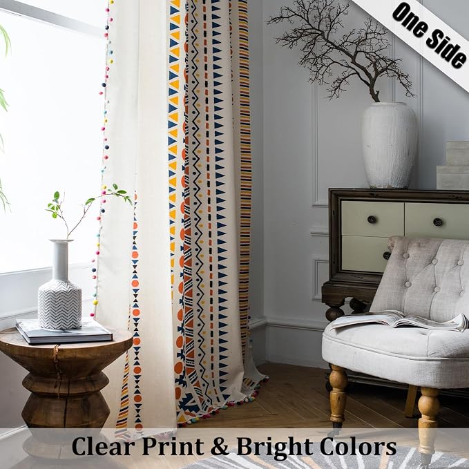 VOGOL Boho Semi Blackout Curtains, Colorful Geometric Pattern with Pom Poms, 1 Panel Rod Pocket Drapes for Living Rest Room, 28 x 84 Inches, Multi-Color