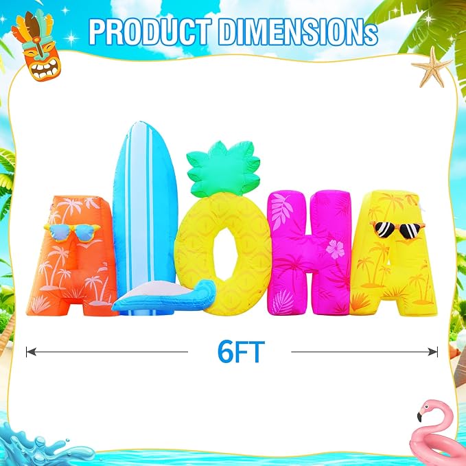 DomKom 6FT Tiki Luau Inflatables, Aloha, Hawaiian Summer Tropical Beach Blow up Party Decor Party Giant Yard Decoration, Outdoor Built-in LED Lights Lawn Holiday Outside