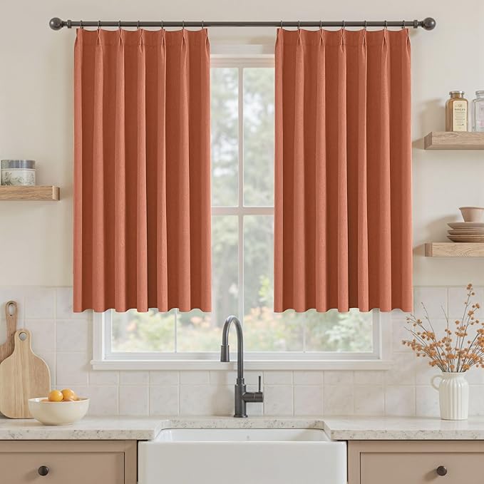 Blackout Curtains 45 Inch Long for Bedroom & Living Room Terracotta Pinch Pleat 100% Room Darkening Noise Reducing Thermal Insulated Linen Drapes, 2 Panels Set with Back Tab