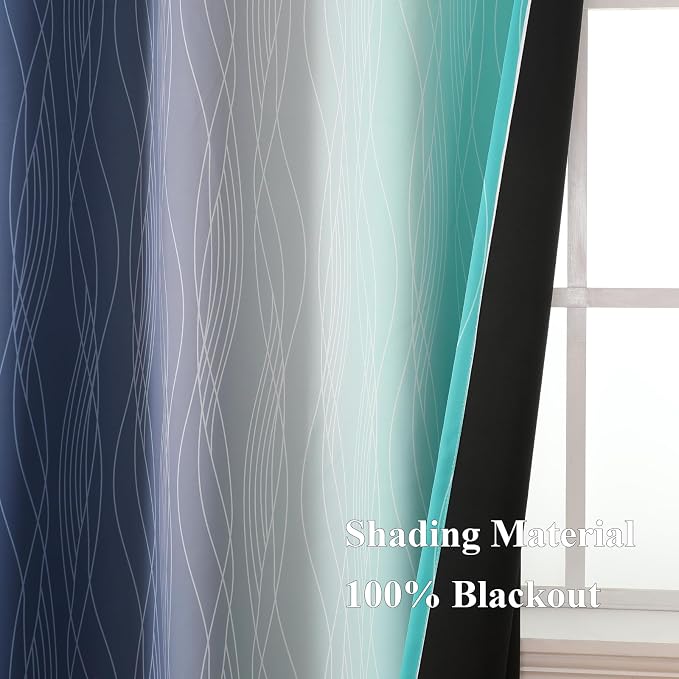 Estelar Textiler Navy Blue and Teal Ombre Blackout Curtains 45 Inch Length 2 Panels, Full Room Darkening Gradient Drapes for Bedroom, Thermal Insulated Grommet Short Curtains for Bathroom,42Wx45L