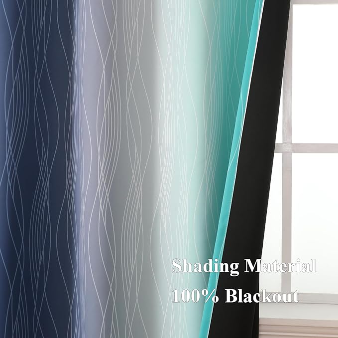 Estelar Textiler Navy Blue and Teal Blackout Curtains 45 Inch Length, Full Light Blocking Gradient Drapes for Bedroom, Thermal Insulated Grommet Ombre Curtains for Bathroom,52Wx45L,2 Panels