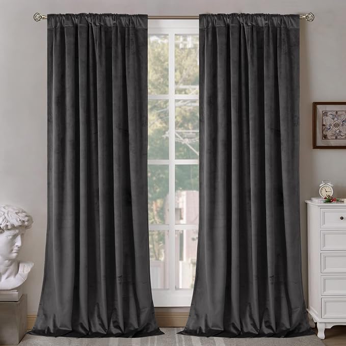 BGment Grey Velvet Curtains for Bedroom, Super Soft Luxury Thermal Insulated Blackout Velvet Curtains Room Darkening Noise Reduce Back Tab Rod Pocket Drapes for Living Room, 2 Panels, 52 x 80 Inch
