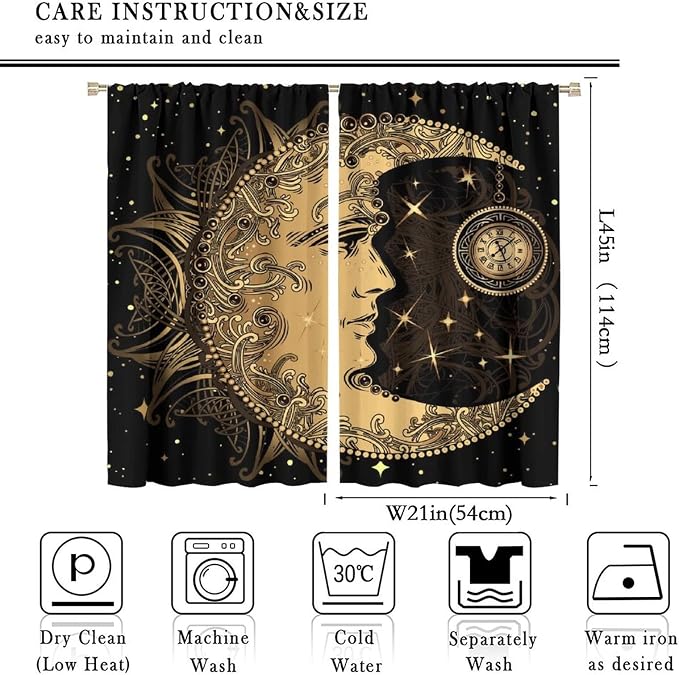 Sun Moon Blackout Windows Curtains, Retro Bohemian Antique Hippie Gold Sun Crescent and Star Curtains, for Living Room Bedroom 42x45in 2 Panels