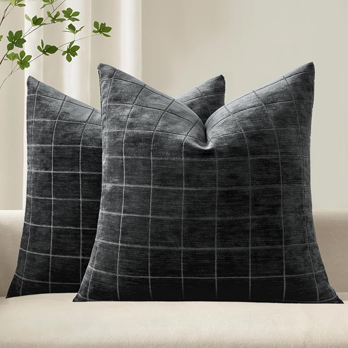 MIULEE Black Plaid Decorative Throw Pillow Covers 20x20 Set of 2 | Vintage Check Chenille Couch Pillows Neutral Boho Farmhouse Cushion Covers Modern Home Decor for Sofa Bed Living Room