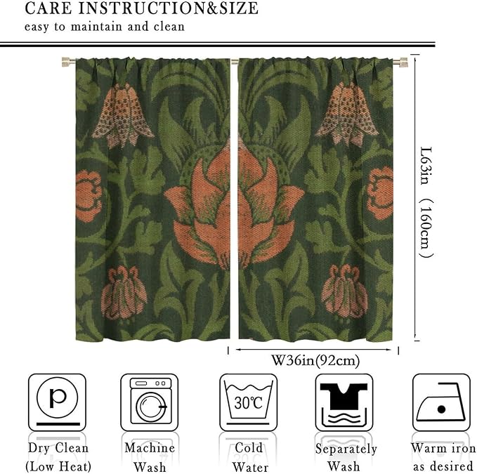 Vintage Bohemia William Morri Plant Flowers Blackout Window Curtains, Abstract Art Retro Plants Pattern Print Window Drapes, for Bedroom Living Room 72x63in