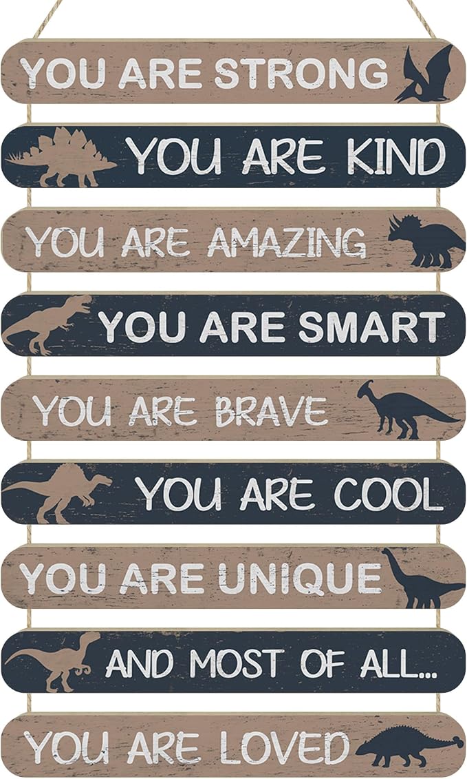 MONALET Vintage Dinosaur Inspirational Wall Decor for Boys Kids Room Playroom Nursery Classroom, You Are Loved Hanging Wooden Signs Decorations, Positive Affirmations Wall Art Wood Plaque 9Pcs 12x19