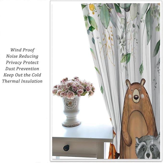 Forest Animal Curtains, Watercolor Wild Animal Bear Fox Deer Kids Window Treatments for Living Room Bedroom,Green Woodland Tree Kids Drapes 2 Panel Sets,42x54 Inch