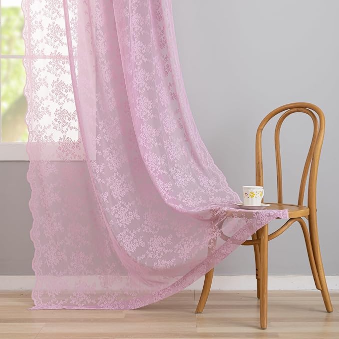 YJ YANJUN Vintage Lace Curtains 84 Inches Long-Victorian Floral Pattern Lilac Sheer Curtain Panels for Living Room Bedroom,Light Filtering, Cute Girls Drapes 2 Panels 52W x 84L Purple Blush