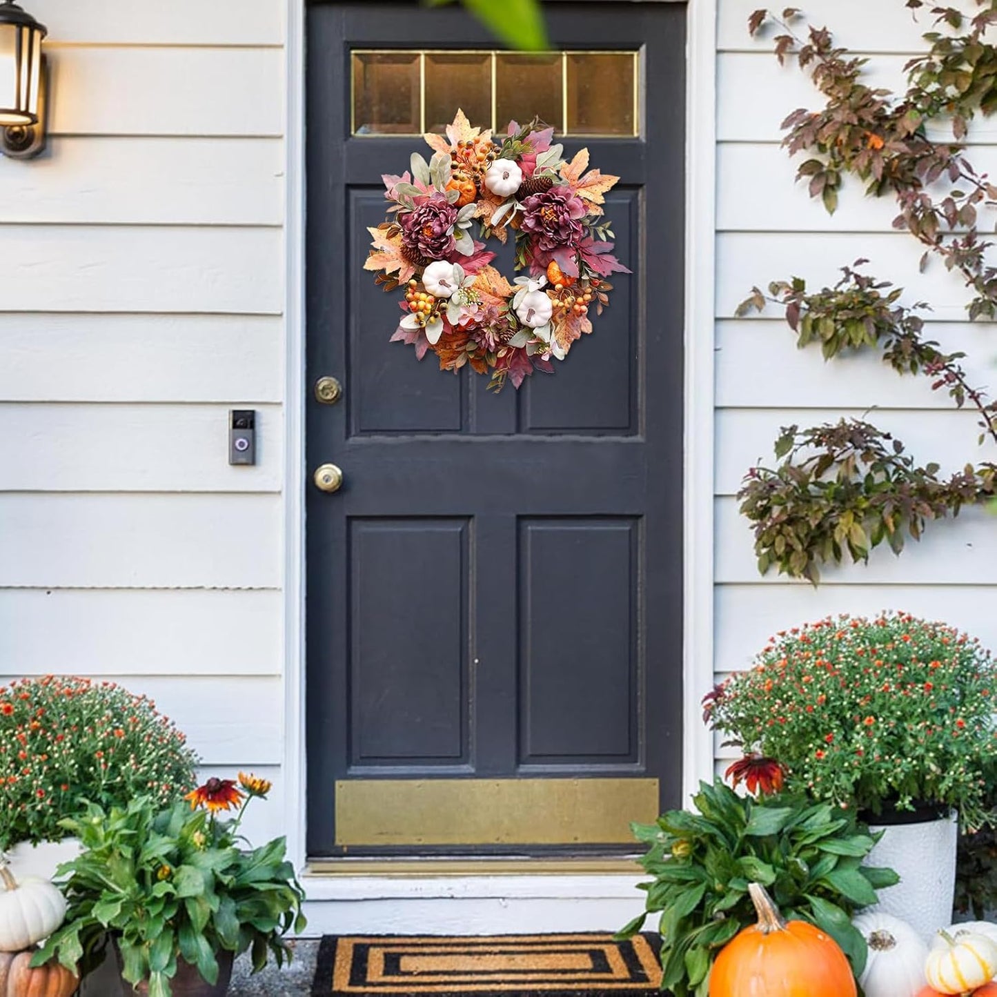 20Inch Fall Wreaths for Front Door,Fall Wreath,Fall Decorations for Home,Autumn Wreaths with White Pumpkins Peony Pine Cones, Fall Door Wreath for Thanksgiving Halloween Indoor Outdoor Decor
