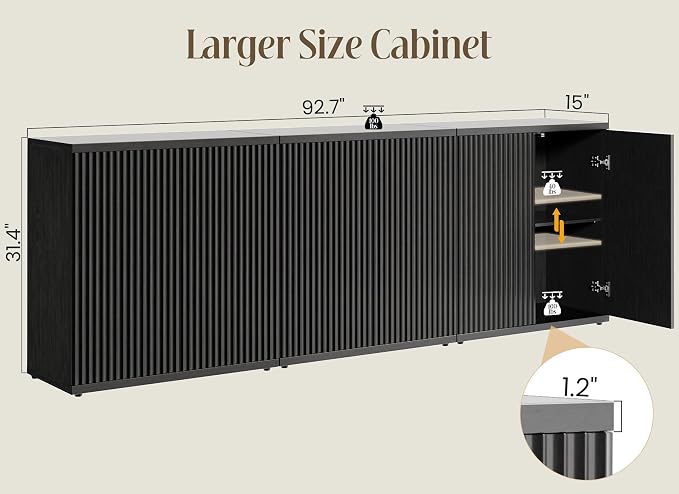 Fluted Buffet Cabinet Sideboard with Storage,Wooden Credenza with 2 Doors&Adjustable Shelve, Modern Accent Cabinets Coffee Bar Bookcase for Living Room,Kitchen Dining Room Entryway 15" D