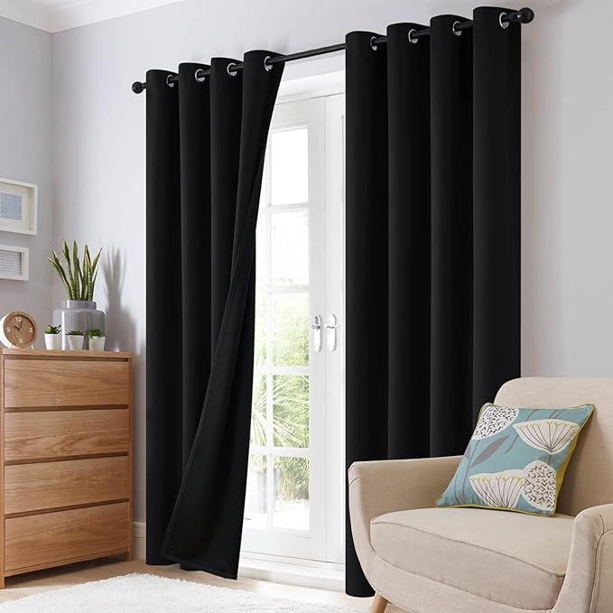SimpleHome 100% Blackout Curtains for Bedroom,Thermal Insulated Black Grommet Window Drapes Room Darkening Curtains for Living Room with Black Back,42 x 72 Inch,2 Panels