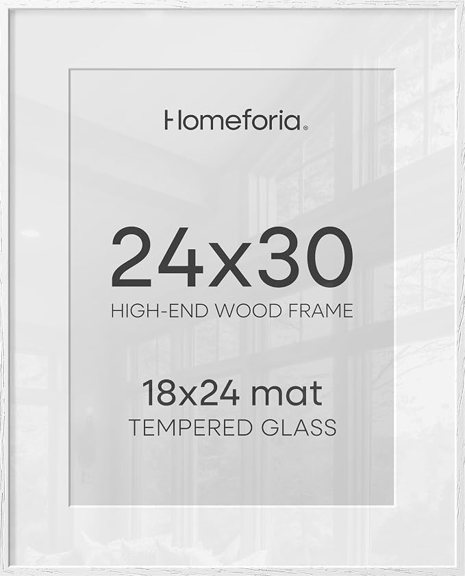 Homeforia 24x30 Poster Frame White, High End Oak 24 x 30 White Wood Picture Frames with Mat 18 x 24 for Photo, 24x30 Wooden Frame Matted to 18x24, 30x24 Large Frame, Tempered Glass, Wall Kit, Set of 3