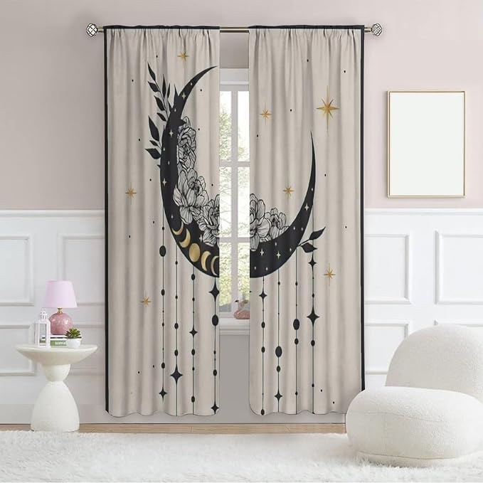 Witchy Curtains, Moody Curtains for Bedroom, Goth Curtains, Moth Curtains Moon Curtains for Bedroom Living Room W42xL54 Inch