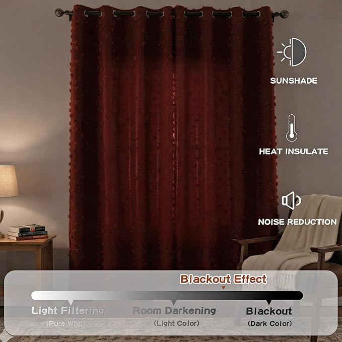 MYSKY HOME Terracotta Blackout Curtains for Living Room 84 Inches Long Boho Curtains Double Layer Burnt Orange Pom Pom Sheer Overlay for Toddler Grommet Privacy Window Drapes 52" x 84", 2 Panels
