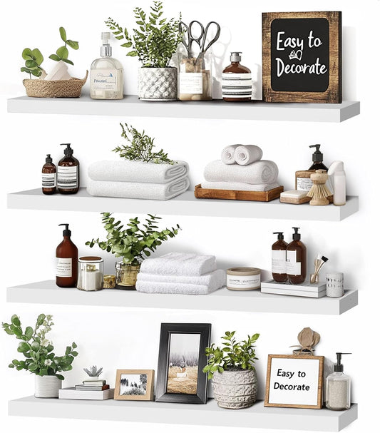 Floating Wall Shelves 4-Pack - Rustic White 16-inch Wooden Wall Shelves for Storage and Décor, Multi-Functional and Easy to Install for Living Room, Bedroom, and Kitchen
