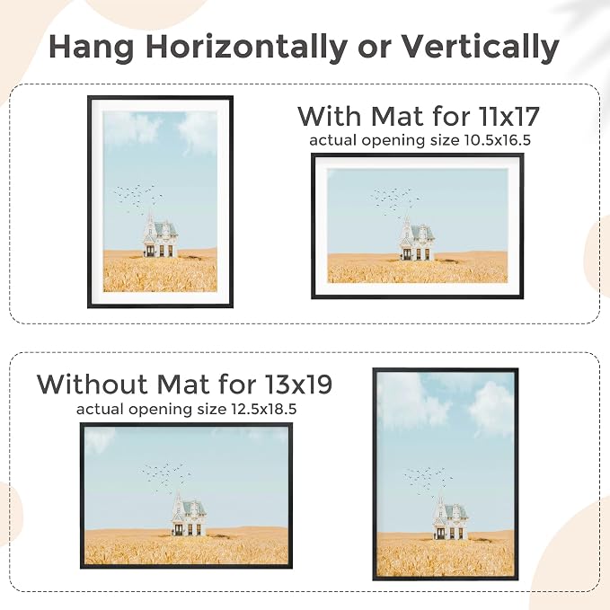 FLYJOE 13x19 Metal Picture Frame for Wall With Mat for 11x17, 13''x19'' Aluminum Photo Frames With Tempered Glass for Home Decor, Minimalist Modern Poster Frame Horizontal And Vertical Formats, Black