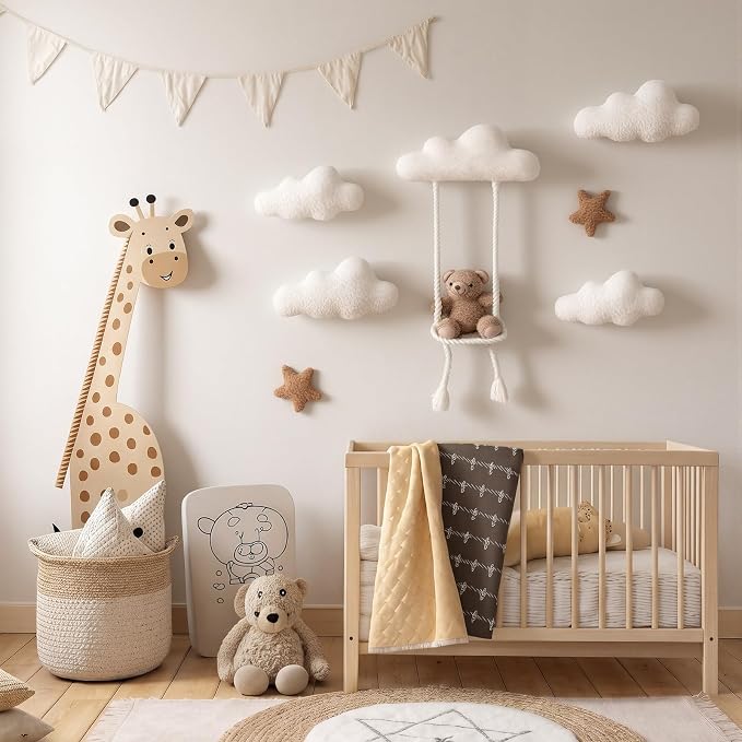 Chumia 7 Pcs Teddy Bear Nursery Wall Decor Swing Teddy Bear Nursery Wall Art with Clouds Star Soft Plush Baby Room Decor Gender Neutral for Bedroom Playroom Decoration