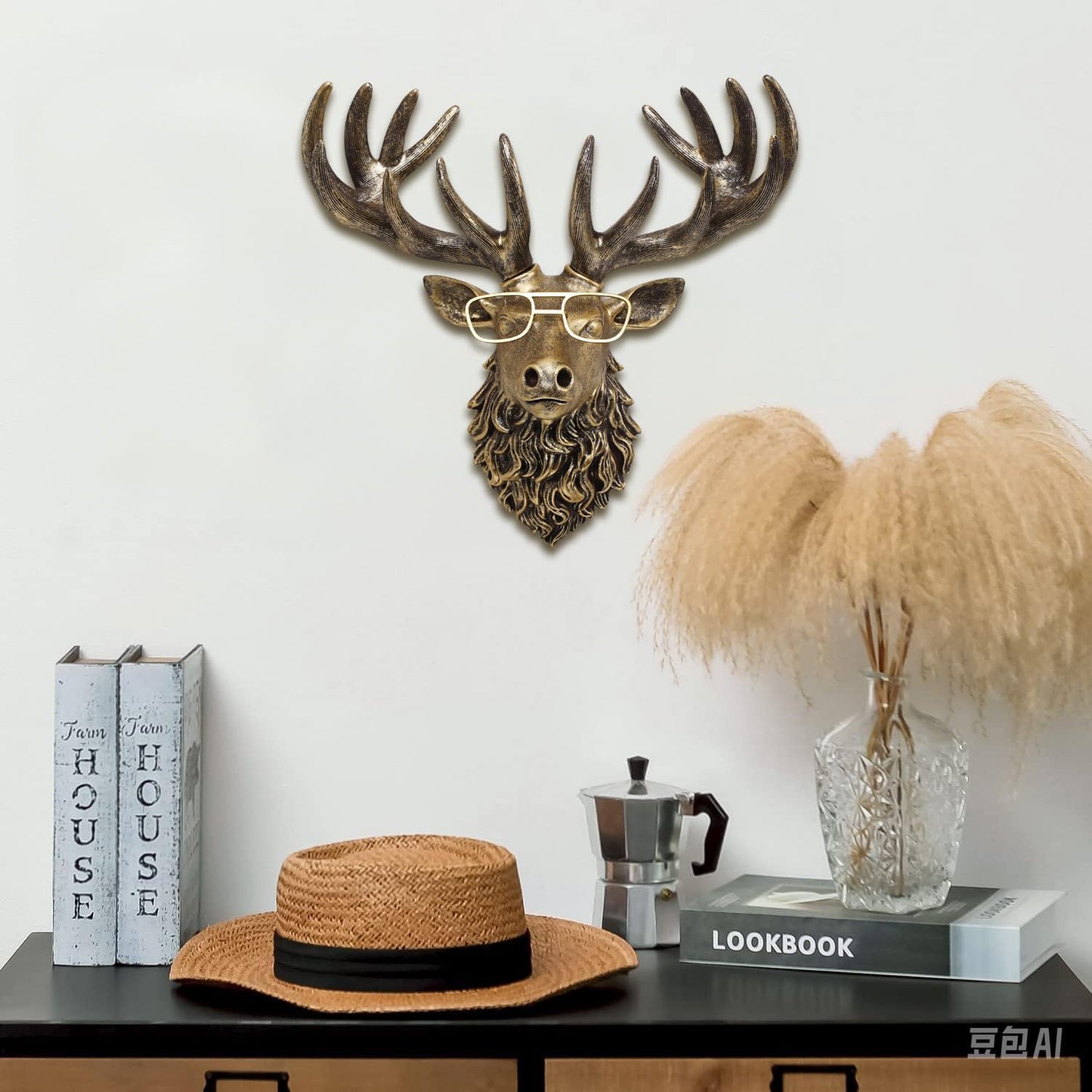 JJALIGHTS Animal Heads Wall Decor Resin Animals Sculptures Head Wall Hanging Decoration Imitation Copper vintage Wall Sculpture for Living Room Bedroom Office(Deer,not include metal frames)