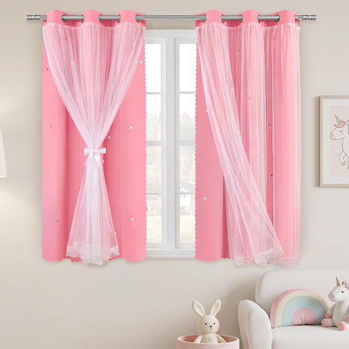 XiDi Pink Curtains for Girls Bedroom Double Layer Blackout Curtains Grommets Top Star Cutout Small Window Drapes with Sheer for Living Room Kids Nursery 2 Panels 42x63 Inch Length