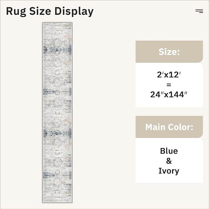 Soalmost Runner Rug 2x12 Washable Non-Slip Hallway Runner Rugs for Kitchen Bathroom Laundry Room Blue Ivory Vintage Floor Carpet Runners for Hallways Entryway