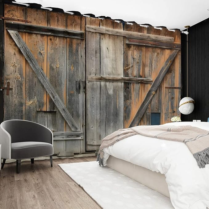 Old Grey Wood Barn Door Window Curtains American Rustic Garage Door Curtains Vintage Wooden Door Window Drapes Wood Planks Rural Style Native Farmhouse Bedroom Treatment,53x72 inch,2 Panels