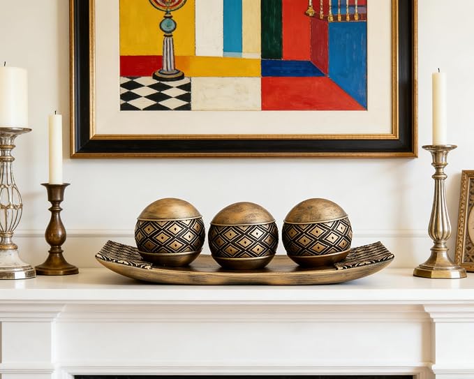 Vintage Decorative Orbs with Tray Set, 3Pcs Resin Decorative Balls with Tray, Modern Accent Sphere for Coffee Table, Dining Table, Living Room, Entryway
