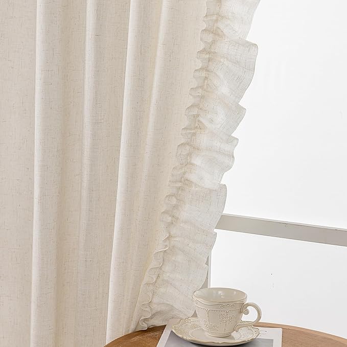 Extra Long Ruffle Curtains 108 Inches Long 2 Panels, 58x108 Inch, Natural Linen Textured Ruffled Curtains for Living Room Rod Pocket Privacy Light Filtering Cottagecore Semi Sheer Flowy Window Drapes