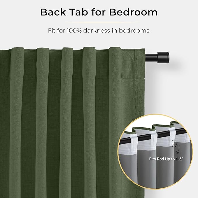 INOVADAY 100% Blackout Curtains for Bedroom, Black Out Curtains 80 Inch Long, Clip Rings Linen Blackout Drapes, Thermal Insulated Room Darkening for Living Room, 2 Panels - Olive Green,W50xL80